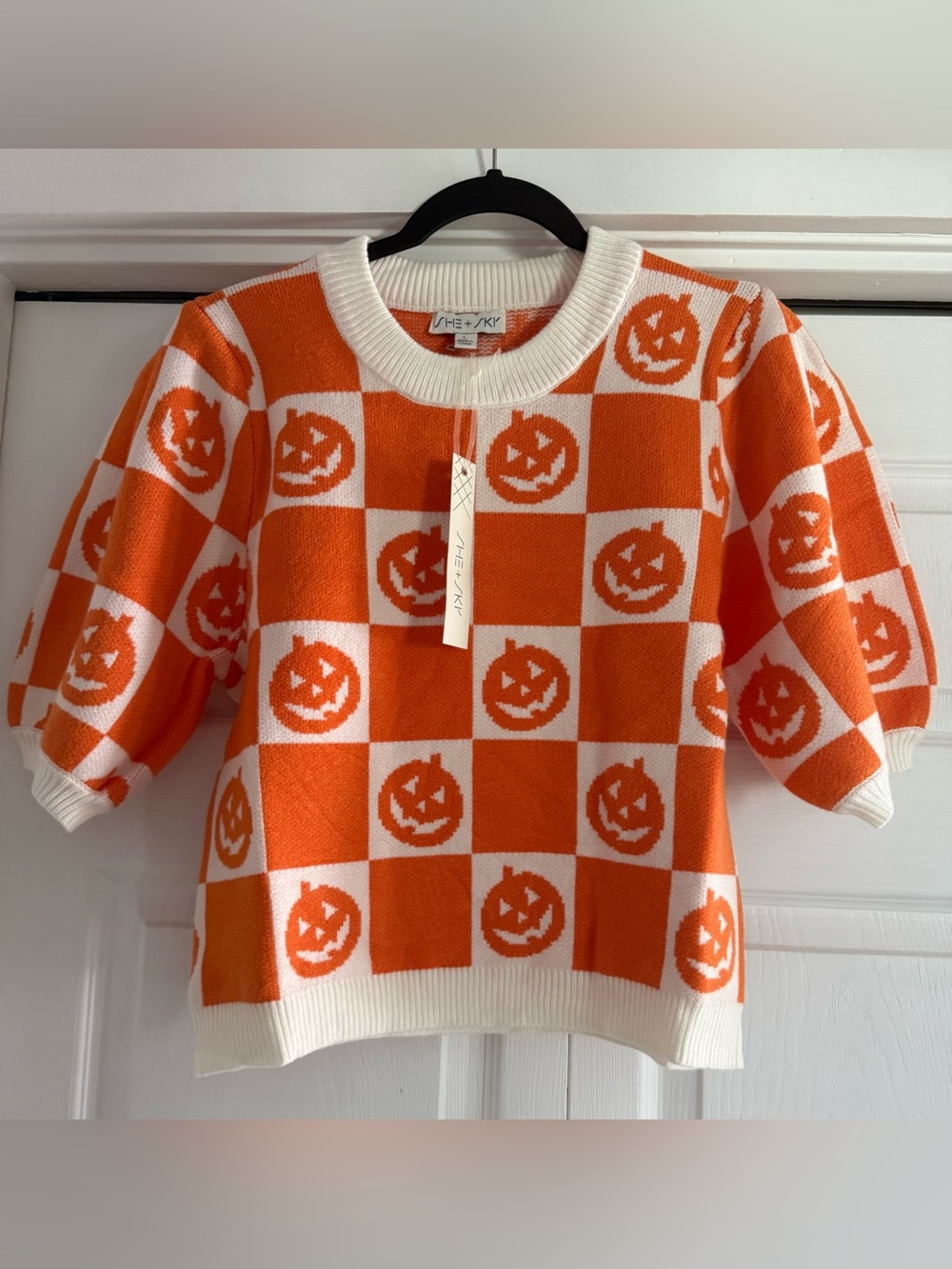 She + Sky Pumpkin Checkered Short Sleeve Sweater